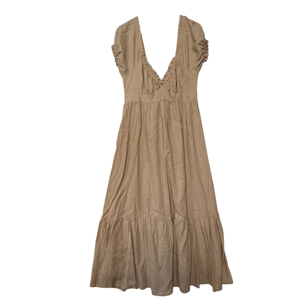 MABLE - Elidy | Women's M Tan Linen Blend Short Sleeve Tiered‎ Midi Dress